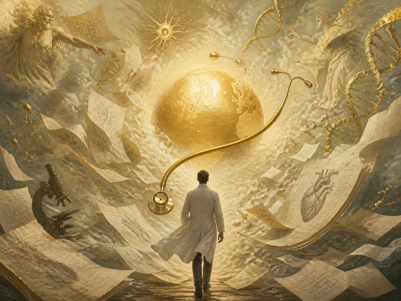 A doctor stepping toward a luminous golden world transformed by research