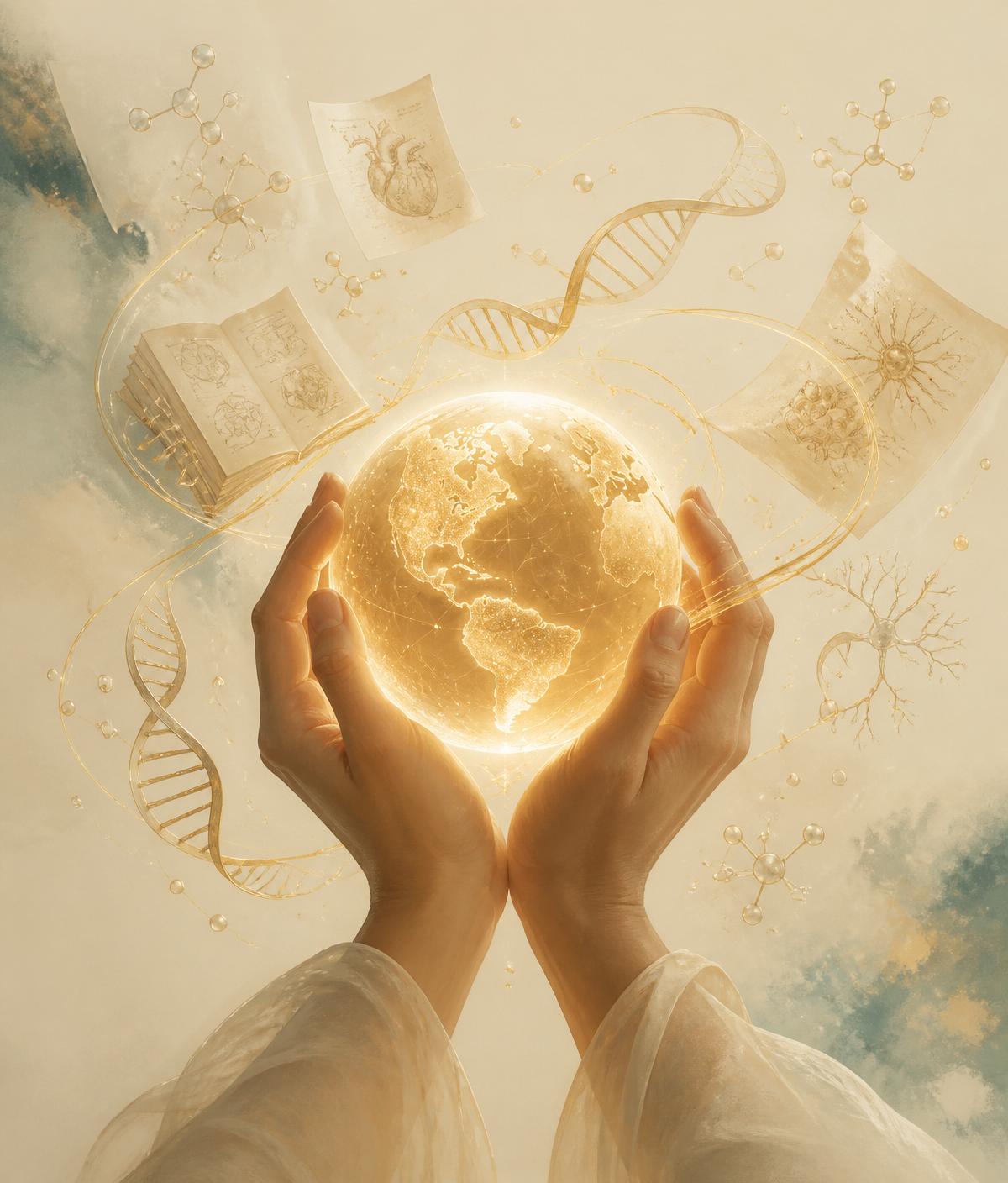 Hands holding a glowing golden globe surrounded by research symbols